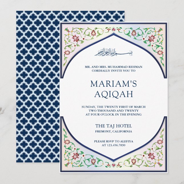 Elegant Persian Mosaic Art Islamic Aqiqah Invitation (Front/Back)