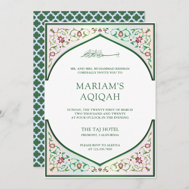 Elegant Persian Mosaic Art Islamic Aqiqah Invitation (Front/Back)