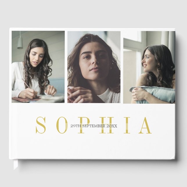 Elegant Personal 3 Photo Bat Mitzvah Guest Book (Front)