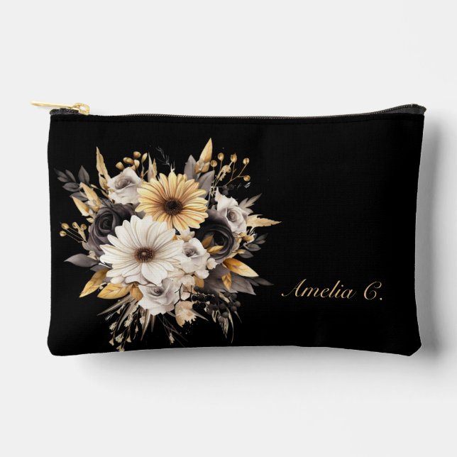 Elegant Personalise Black & Gold Flowers Accessory Pouch (Front)