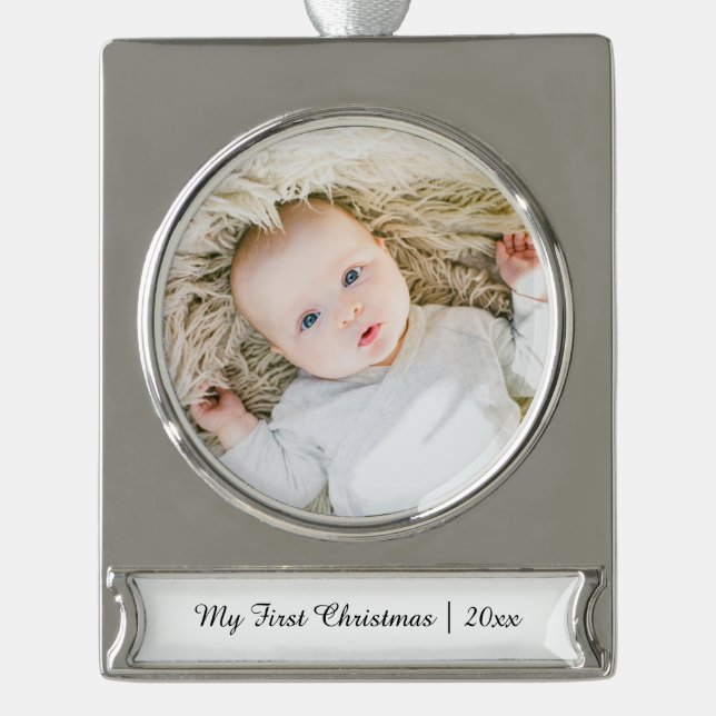 Elegant Personalised Baby's First Christmas Photo Silver Plated Banner Ornament (Front)
