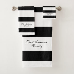 Elegant Personalised Black and White Stripes Bath Towel Set