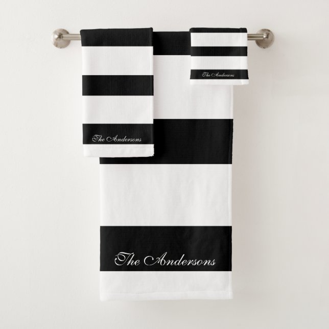 Elegant Personalised Black and White Stripes Bath Towel Set (Insitu)