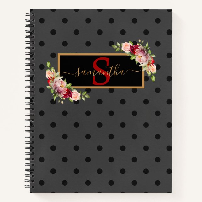 Elegant Personalised Black Polka Dot and Roses Notebook (Front)