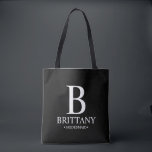 Elegant Personalised Bridesmaid Monogram and Name  Tote Bag<br><div class="desc">Elegant Personalised Bridesmaid Gifts
featuring personalised bridesmaid's monogram,  name and title in classic serif font style on black background.

Also perfect for maid of honour,  flower girl,  mother of the bride and more.</div>