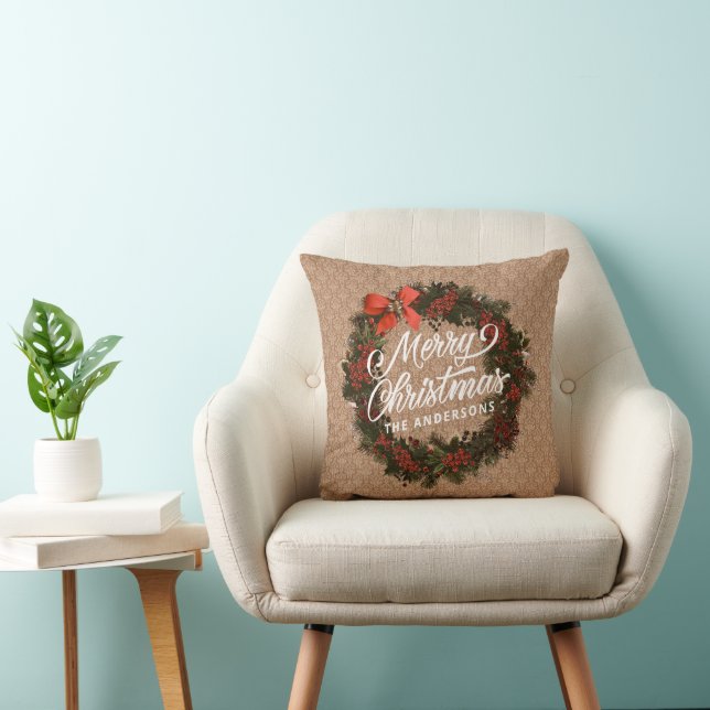 Elegant Personalised Christmas Wreath Throw Pillow (Chair)