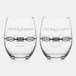 Elegant Personalised Couple's Name Date Wedding Stemless Wine Glass