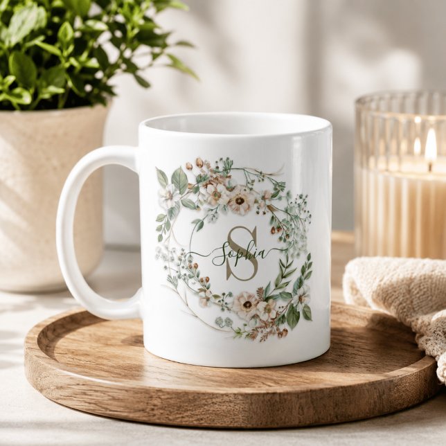 Elegant Personalised Floral Monogram Name Gift Coffee Mug (Creator Uploaded)