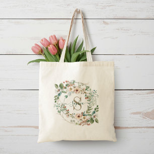 Elegant Personalised Floral Monogram Name Tote Bag