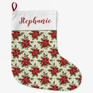 Elegant Personalised Floral Poinsettia Large Christmas Stocking