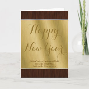 Elegant Personalised Gold and Dark Wood New Year Holiday Card