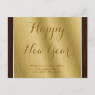 Elegant Personalised Gold and Dark Wood New Year Holiday Postcard