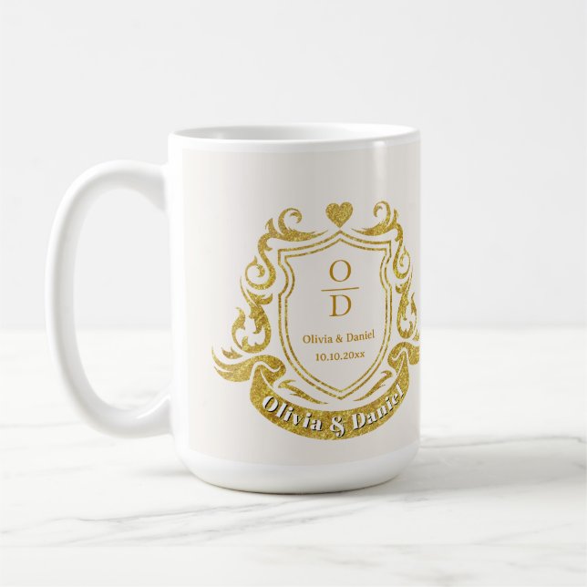 Elegant Personalised Gold Crest Wedding Coffee Mug (Left)