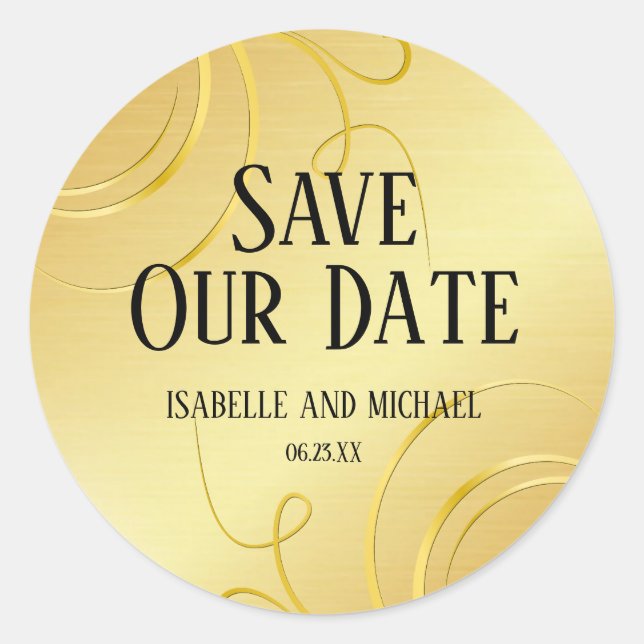 Elegant Personalised Gold Flourish Save the Date Classic Round Sticker (Front)
