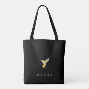 Elegant Personalised Gold Hummingbird on Black  Tote Bag