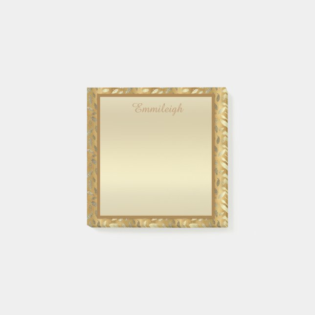 Elegant Personalised Gold Leaves Post It Notes (Front)