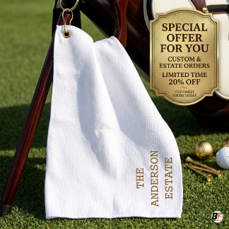Elegant Personalised Gold Typography Custom White Golf Towel