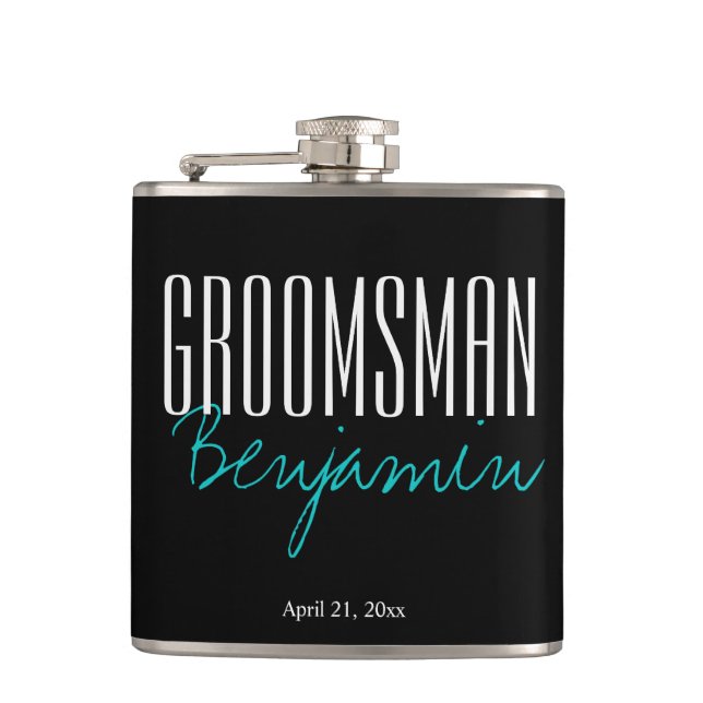 Elegant Personalised GROOMSMAN Black Flask (Front)