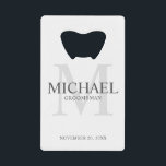 Elegant Personalised Groomsmen<br><div class="desc">Add a personal touch to your wedding with personalised groomsmen credit card bottle opener. This bottle opener features personalised groomsman's name with title and wedding date in grey and monogram in light grey as background, in classic serif font style, on white background. Also perfect for best man, father of the...</div>
