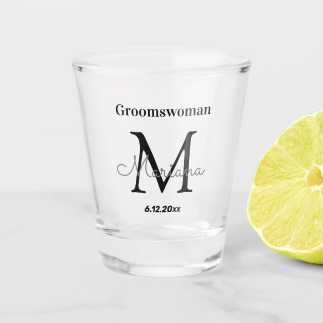 elegant personalised groomswoman monogram shot glass (Front)