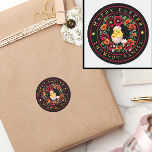 Elegant Personalised Happy Easter Chick and Floral Classic Round Sticker