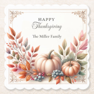 Elegant Personalised, Happy Thanksgiving Pumpkins Paper Coaster