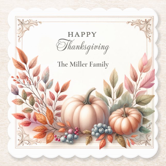 Elegant Personalised, Happy Thanksgiving Pumpkins Paper Coaster (Front)