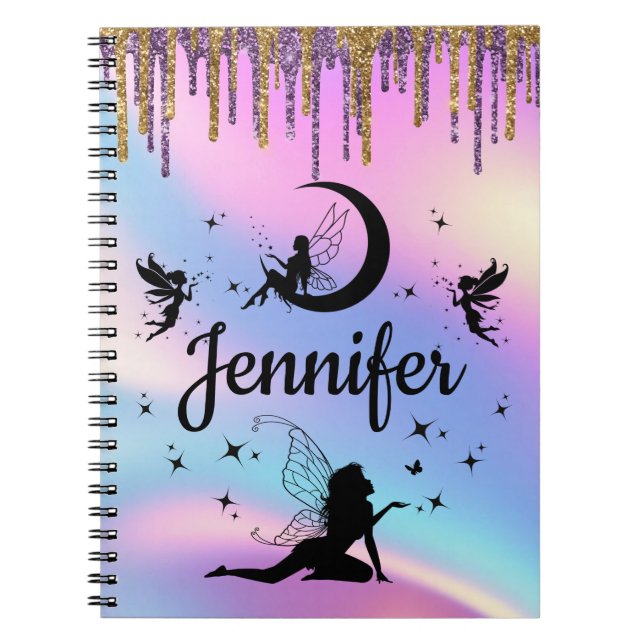elegant personalised holographic fairy glitters notebook (Front)