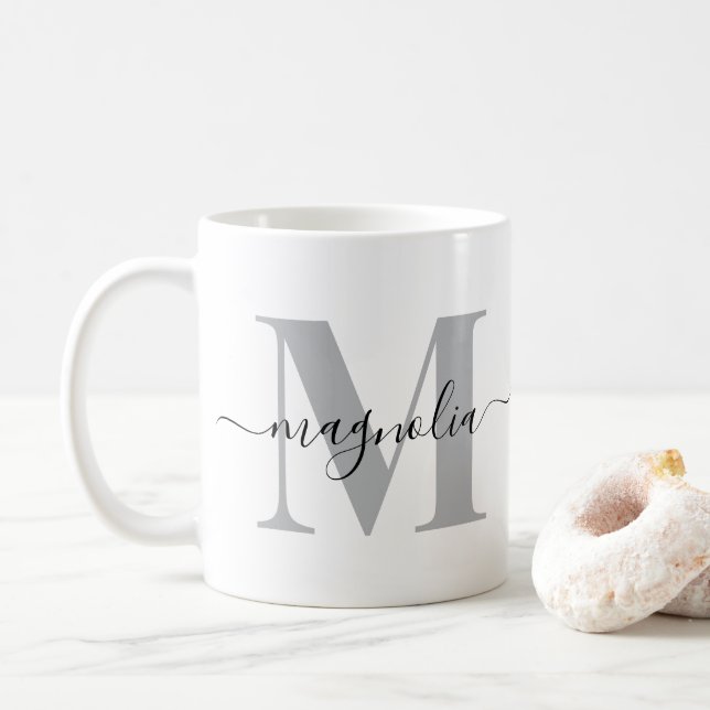 Elegant Personalised Monogram Grey Black Initial Coffee Mug (With Donut)