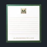 Elegant Personalised Monogram Lined Notepad<br><div class="desc">Stay organised in style with this personalised monogrammed notepad featuring a sophisticated emerald green and gold monogram design. The lined pages provide ample space for jotting down notes, to-do lists, and more, while the elegant design adds a touch of luxury to your everyday life. Perfect for personal use or as...</div>