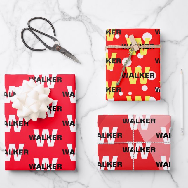 Elegant Personalised Monogram Name Bright Red Gift Wrapping Paper Sheet (Front)