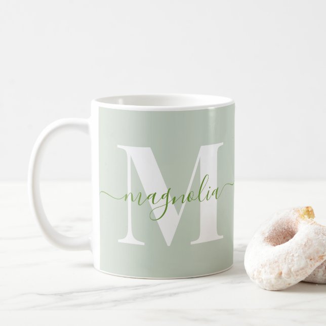 Elegant Personalised Monogram Sage Green Initial Coffee Mug (With Donut)
