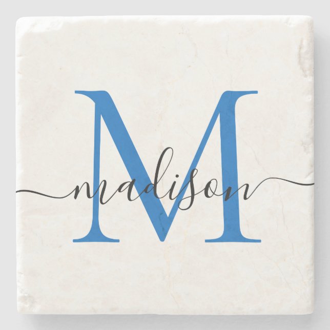 Elegant Personalised Monogram Script Navy Blue Stone Coaster (Front)