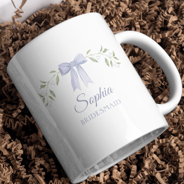 Elegant Personalised Name Bridesmaid Proposal Gift Coffee Mug (Personalized bridesmaid mug with blue bow and floral wreath, perfect for proposals and keepsakes.)