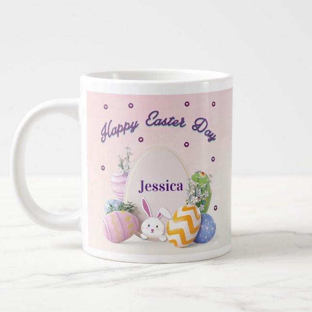 Elegant Personalised Name Happy Easter Day Large Coffee Mug (Left)