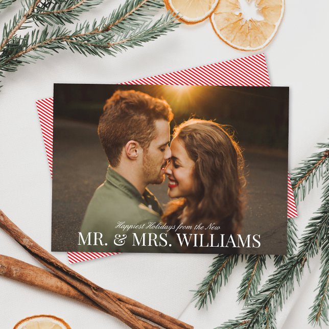 Elegant Personalised Name Newlywed Christmas Photo Holiday Card (Creator Uploaded)