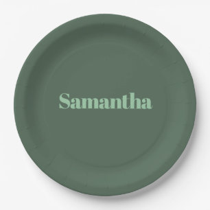 Elegant Personalised Name Typography |sage green Paper Plate