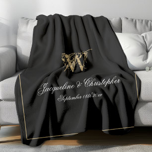 Elegant Personalised Newlywed Keepsake Monogram Fleece Blanket