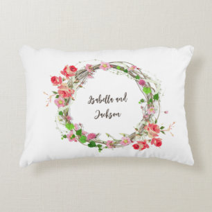 elegant personalised newlyweds couple name floral decorative cushion