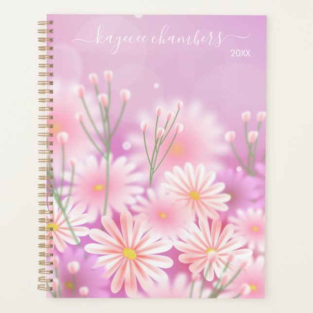 Elegant Personalised Pink & White Flowers Custom Planner (Front)