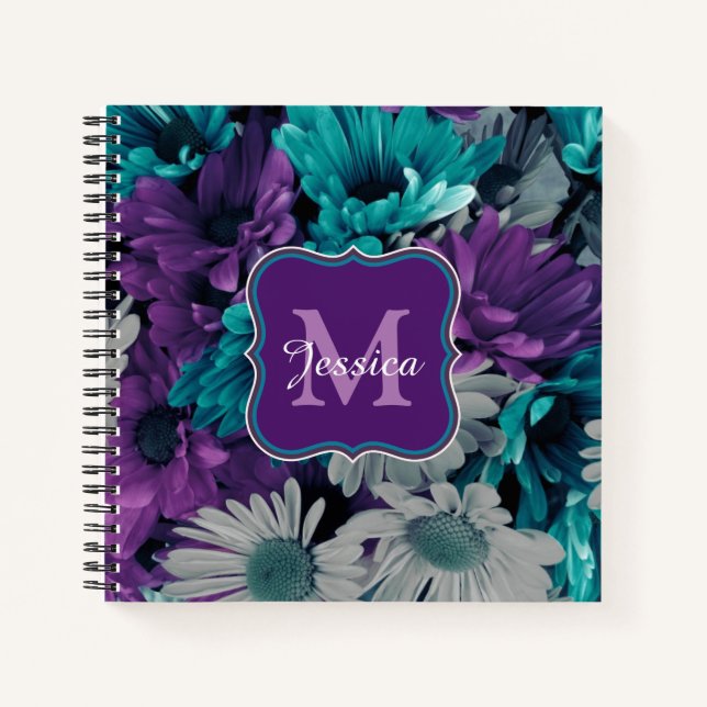 Elegant Personalised Purple and Blue Flowers Notebook (Front)