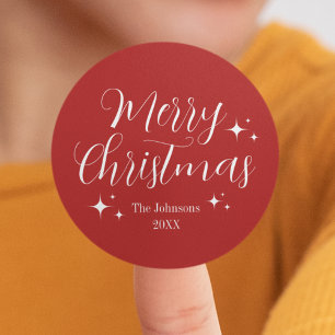 Elegant Personalised Red Merry Christmas Classic Round Sticker