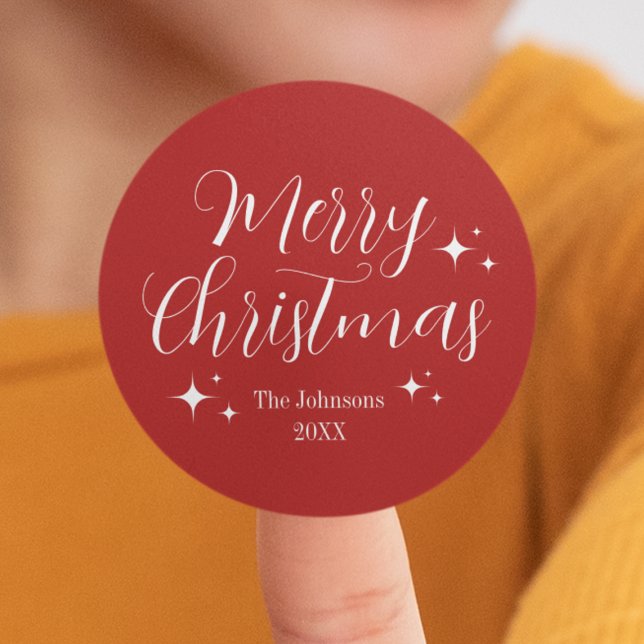 Elegant Personalised Red Merry Christmas Classic Round Sticker (Red Script Elegant Custom Merry Christmas Classic Round Sticker
)