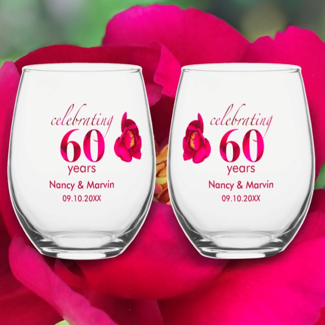 Elegant Personalised Rose 60th Anniversary Gift Stemless Wine Glass (Add couples names for beautiful red rose glass. Unique 60th anniversary keepsake gift. 
)