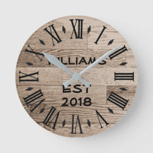 Elegant Personalised Rustic Light Wood Round Clock