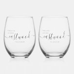 Elegant Personalised Script Couple Name Wedding Stemless Wine Glass<br><div class="desc">An elegant pair of wedding wine glasses personalise with your names in a modern script with your wedding date. Create a set for 2,  or buy in multiples for your wedding reception,  or rehearsal dinner,  bridal shower,  bachelorette party,  or bachelor party.</div>