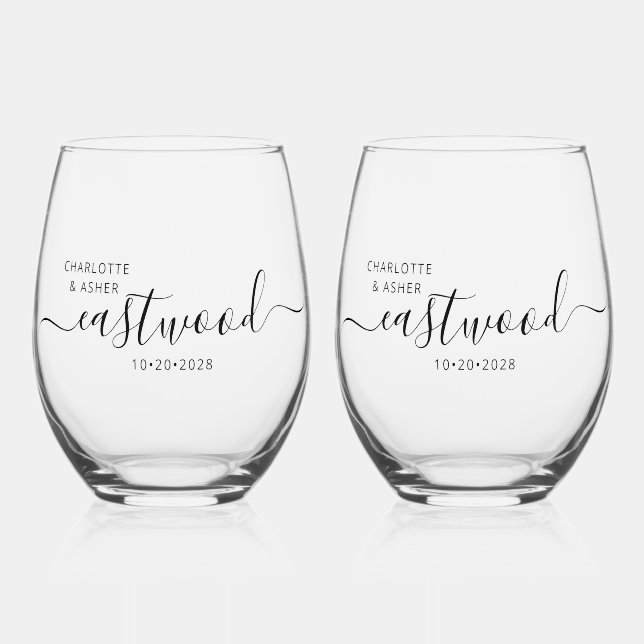 Elegant Personalised Script Couple Name Wedding Stemless Wine Glass (Front)