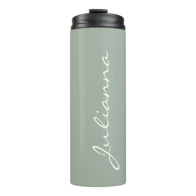 Elegant Personalised Script Name Sage Green Travel Thermal Tumbler (Front)