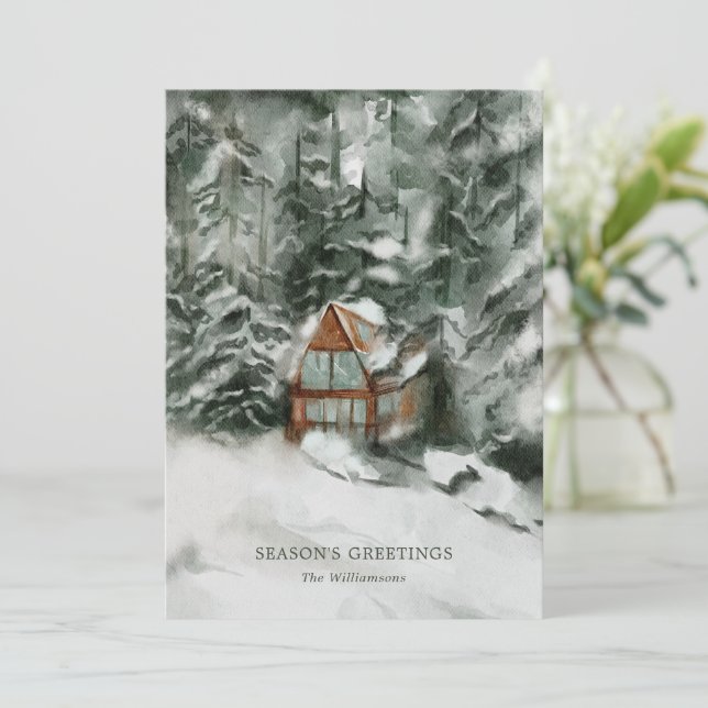 Elegant Personalised Snowy Cabin Christmas Card (Standing Front)