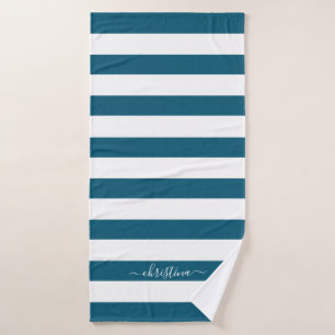 Elegant Personalised Teal Blue White Stripes Bath Towel